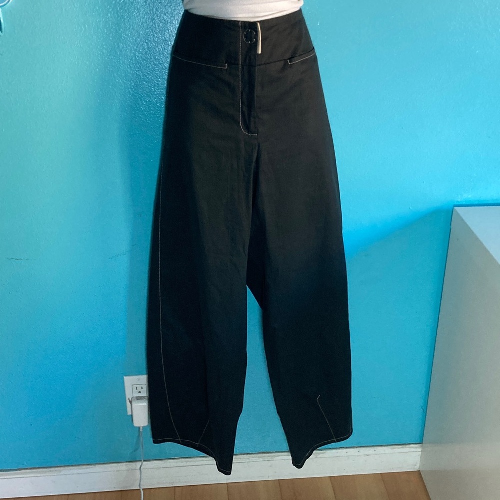 Annette Görtz Vintage Black Cotton Zip Front Wide Leg Pants Size 42  US 10